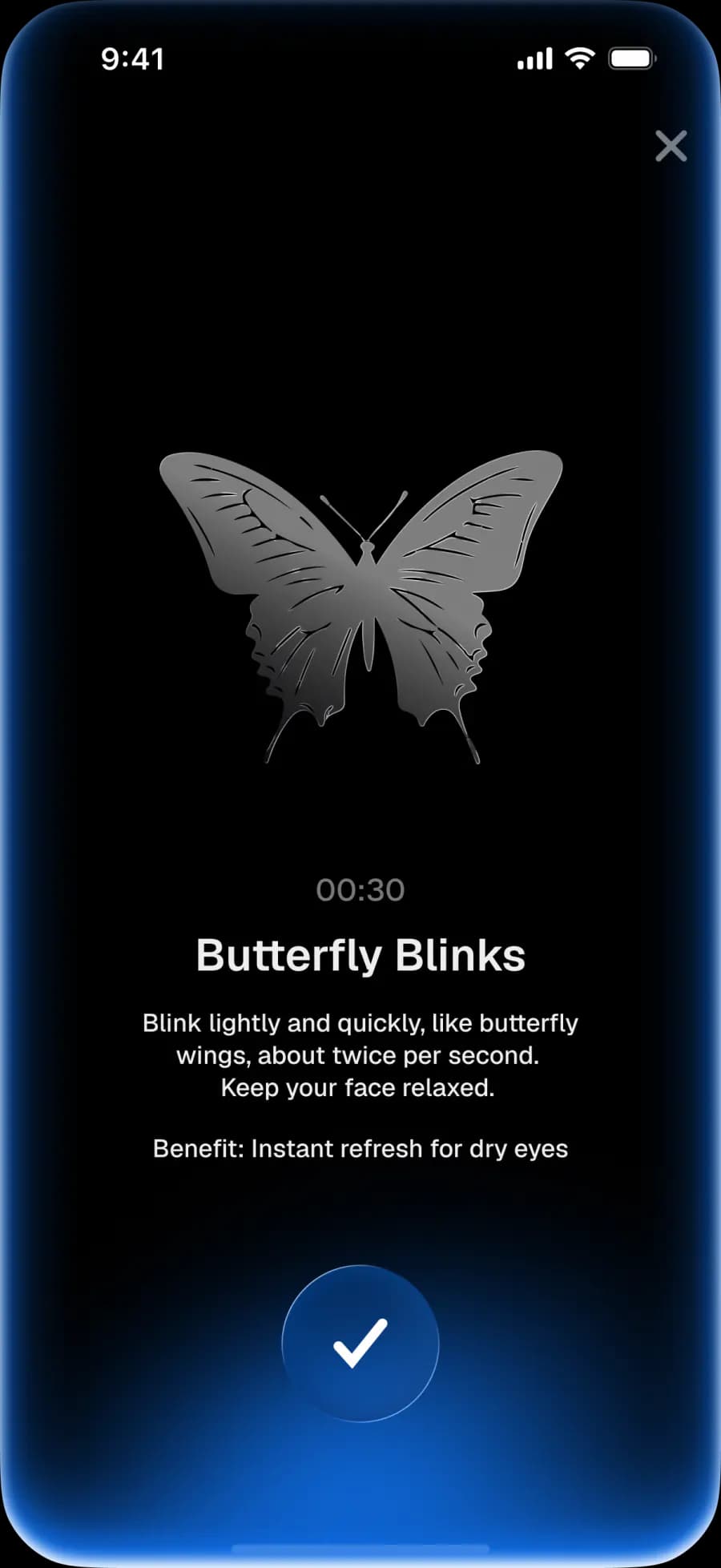 Butterfly Blinks exercise screen in Eye Well