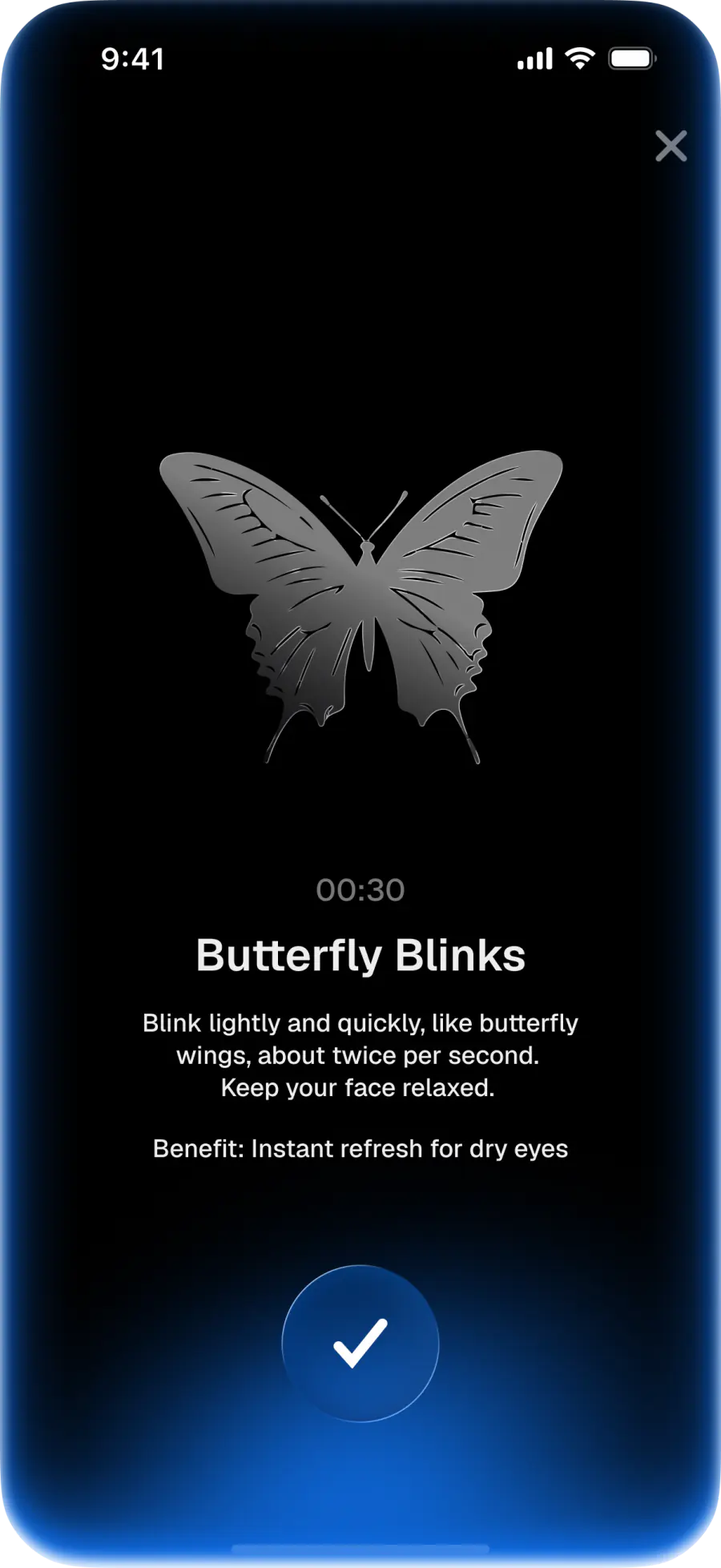 Butterfly Blinks exercise screen in EyeWell