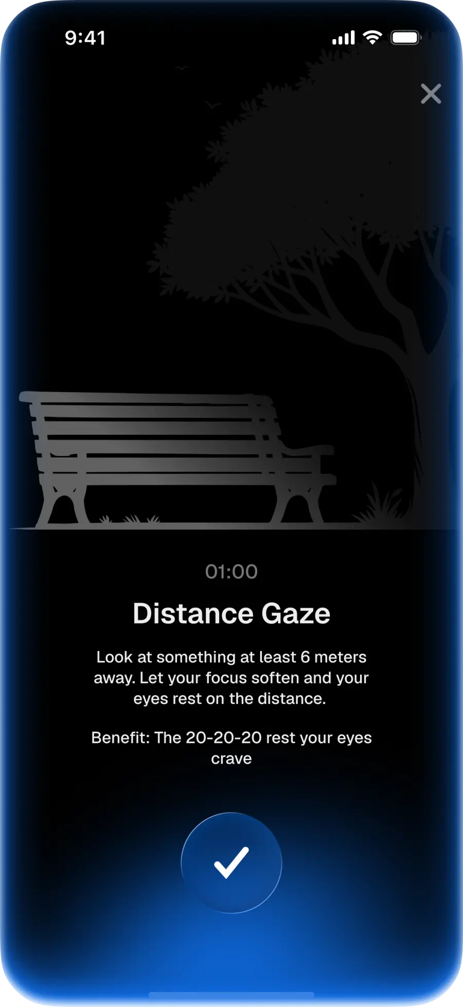 Distance Gaze exercise screen in EyeWell